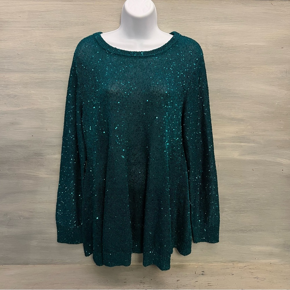 Emaline Emerald Green Sheer Sequined Crew Neck Sweater Size Large Good Condition
